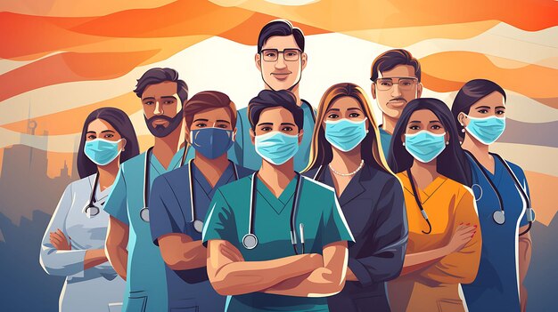 Banner of doctors and healthcare workers fighting against the pandemic flat 2d design art creative