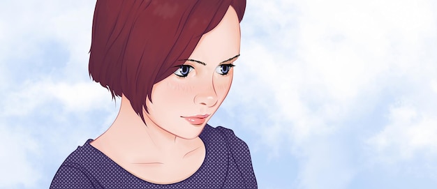 Banner drawn young beautiful thoughtful woman looks towards copy space