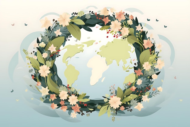 Banner of earth surrounded by a wreath of flowers pastel colors repres environment 2d flat designs
