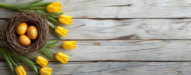banner of easter eggs in a nest with yellow tulips on the wooden desk easter background with copysp