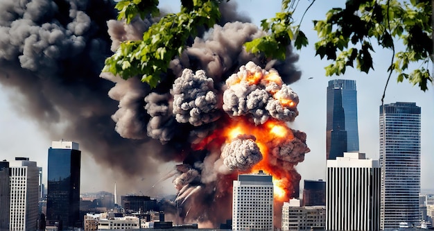 市内のバナー爆発で建物が破壊され、火災が発生