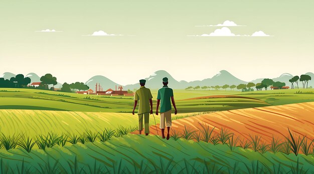 Banner of farmers in a lush green field with the colors of the indian flat 2d design art creative