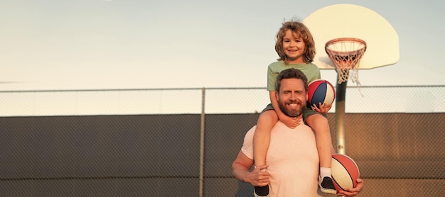 Banner of father and son play basketball happy fathers day happy family dad and kid boy play