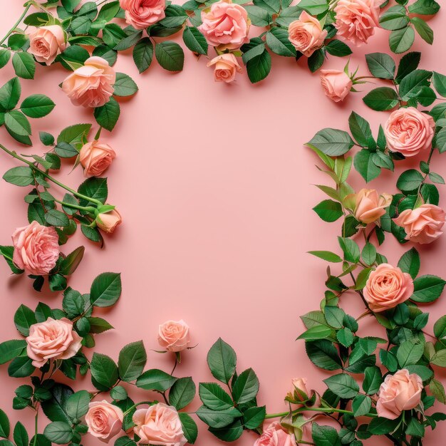 a banner featuring a frame crafted from rose flowers and green leaves against a pink backdrop