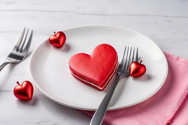 배너 축제 테이블 설정 포크 클로즈업에 심장 휴일 개념 발렌타인 데이