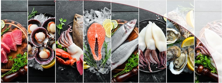 Фотография баннерная композиция из рыбы и морепродуктов на фоне черного камня