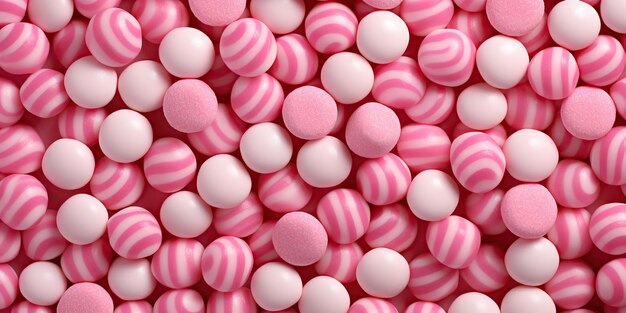 Photo banner flat lay of various pink candies background mixed collection ai generative