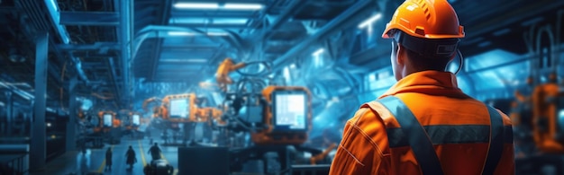 Foto formato banner di un dipendente in giacca di sicurezza arancione e casco che sorvola una fabbrica automatizzata con robot ia generativa