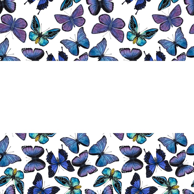 Рамка баннера синие фиолетовые бабочки Ручная акварельная иллюстрация на белом фоне