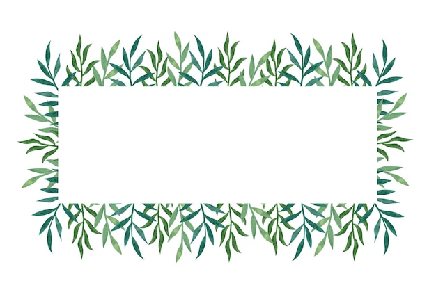 抽象的な緑の葉からバナー フレーム ポストカード ポスターのデザインの白い背景で隔離の手描き水彩イラスト