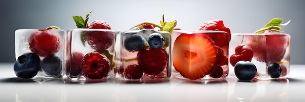 Баннер свежих фруктов и ягод с кусочками льда и брызгами воды на белом