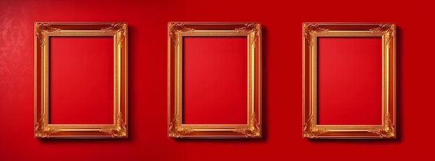 Banner golden vintage frame on red velvet background copy paste space