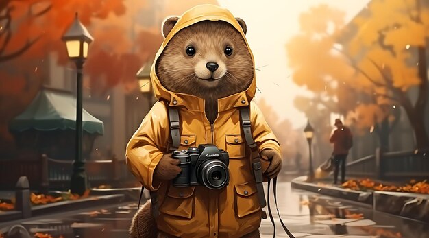 Photo banner of groundhog holding a camera vintage sepia and warm yellow col 2d flat design illustration