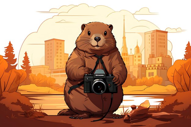 Photo banner of groundhog holding a camera vintage sepia and warm yellow col 2d flat design illustration