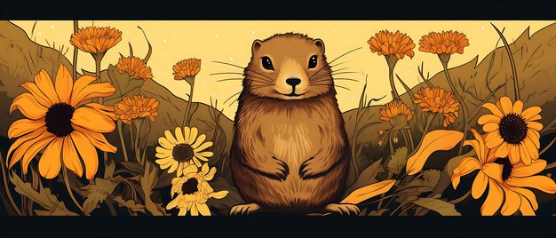 Photo banner of groundhog holding a sunflower sunny yellow and warm brown co 2d flat design illustration