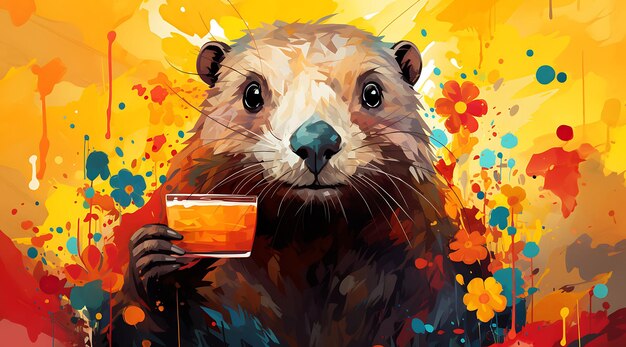 Banner of groundhog with a paint can and brush primary colors red blue 2d flat design illustration