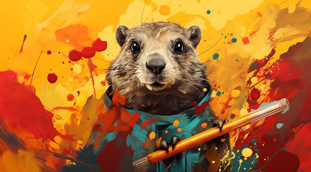 Banner of groundhog with a paint can and brush primary colors red blue 2d flat design illustration