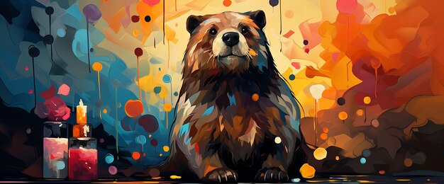 Banner of groundhog with a paint palette vibrant rainbow colors art ga 2d flat design illustration