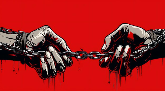 Banner of Hands Breaking Chains Metallic Silver and Red Symbolic Image Design Art 2D Clipart Ideas