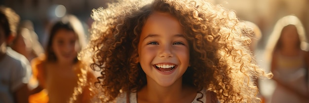 Banner Happy curlyhaired young girl smiling brightly summer sunlight candid child portrait