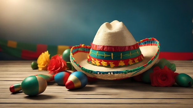 Banner for Happy Mexican Independence Day with sombrero hat and maracas