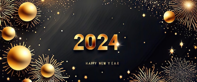 Banner Happy New Year 2024 golden Greeting Card on dark background Generative AI Art