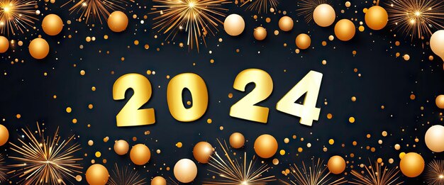 Banner Happy New Year 2024 golden Greeting Card on dark background Generative AI Art