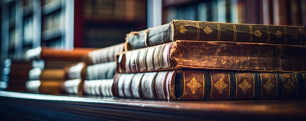 Banner or header image with stack of antique leather books in out of focus library background