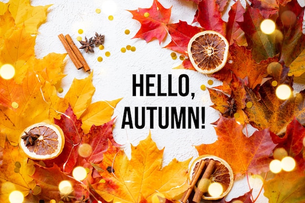 Banner ciao autunno una nuova stagione biglietto di benvenuto settembre ottobre novembre foglie d'autunno