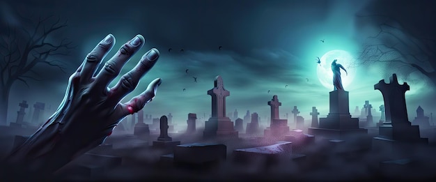 Banner horror scene of graveyard halloween background with zombies hand and bat at night with a full