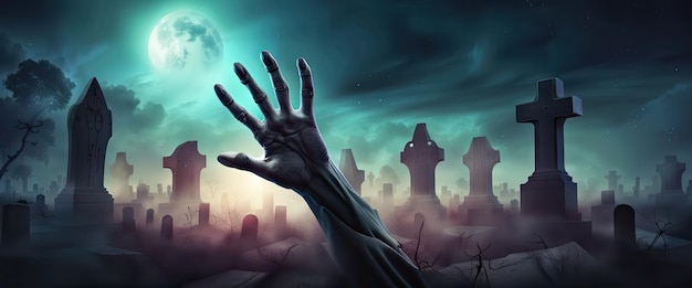 Banner horror scene of graveyard halloween background with zombies hand and bat at night with a full