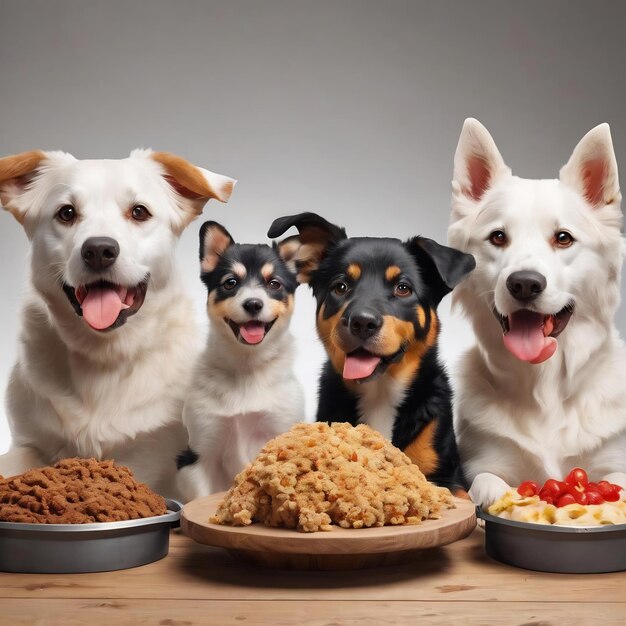 白い背景に隔離された食べ物を食べるのを待っている舌を出した空腹な犬のバナー