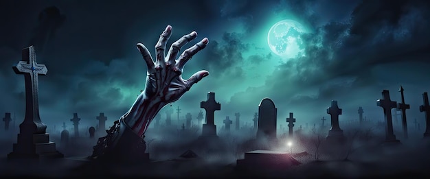 Banner illustration of halloween zombie party at night with a full moon in a cemetery