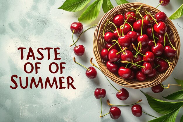 Photo the banner image ripe juicy red cherries text taste of summer