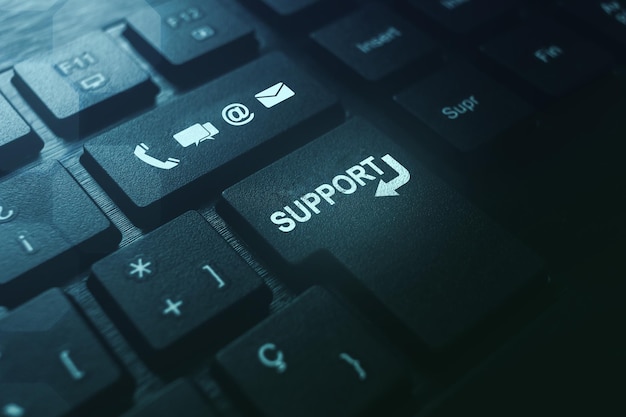 Banner of keyboard with support button and icons. internet of\
things. customer support.