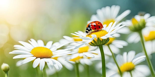 Banner ladybug on flower blossoms in spring beautiful ladybug sitting