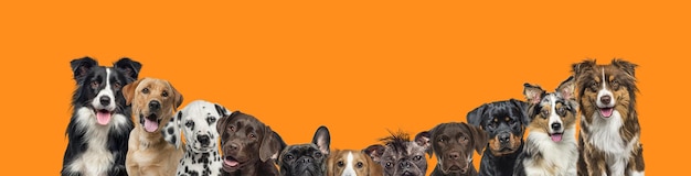 Foto banner di un grande gruppo di cani insieme in fila su sfondo arancione