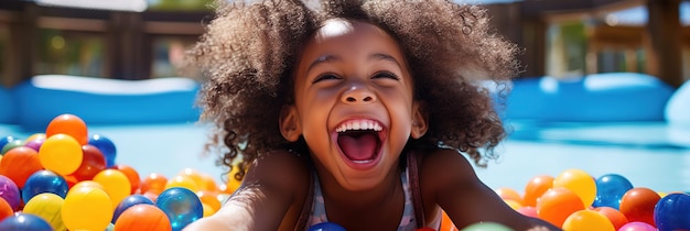Баннер смеющийся ребенок девочка веселится в шаровой яме на вечеринке дня рождения в детском парке развлечений и крытом игровом центре смеется играя с красочными шарами в игровом бассейне