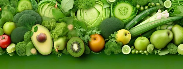녹색 과일 및 채소의 배너 레이아웃 Generative AI