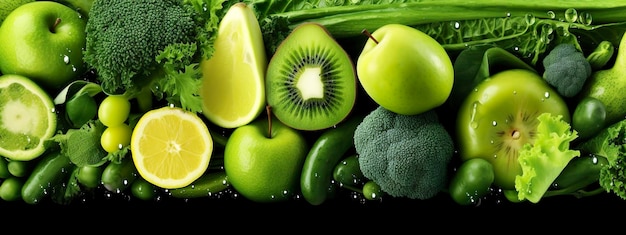 Foto disposizione dei banner di frutta e verdura verdi ai generativa