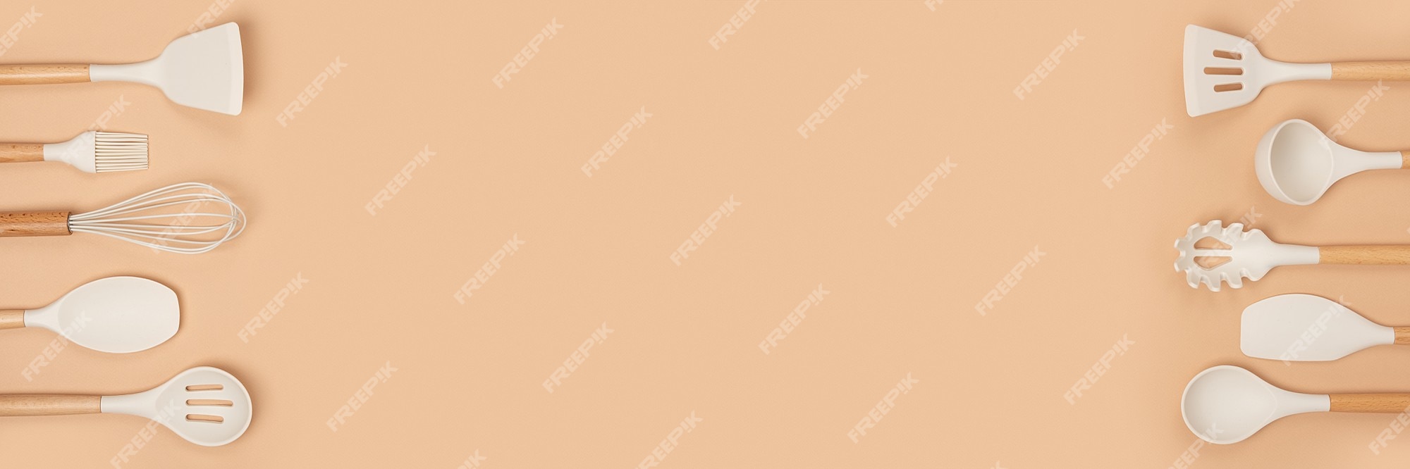 Pattern Made From Cooking Utensil Set Silicone Kitchen Tools With Wooden  Handle On Beige Background Top View Flat Lay Stock Photo - Download Image  Now - iStock