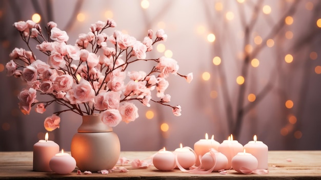 Banner met brandende kaarsen en een bloeiende sakura tak roze tint idee voor een ansichtkaart