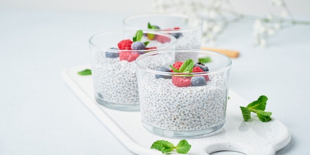 Banner met chia pudding met verse bessen, frambozen, bosbessen.