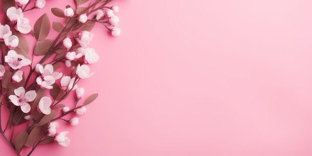 Banner met een frame van rozenbloemen en groene bladeren op een roze achtergrond