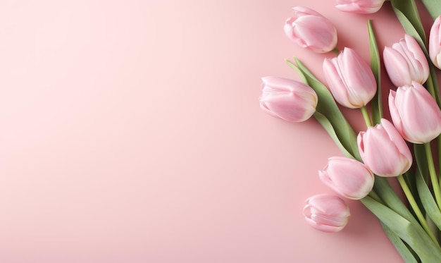 Banner met een frame van rozenbloemen en groene bladeren op een roze achtergrond