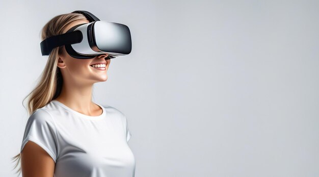 Banner met een jonge glimlachende europese vrouw die een vr-headset draagt.