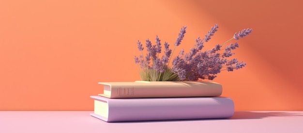 banner met een roze achtergrond en lange schaduwen met oranje boeken of notitieboekjes met lavendel