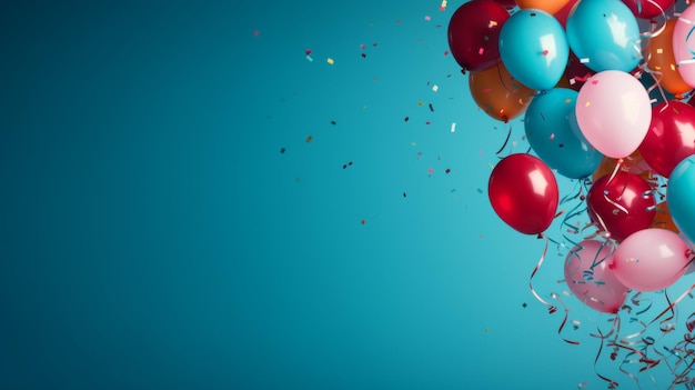 Banner met feestelijke ballonnen en confetti decoratie geïsoleerd op blauwe achtergrond Kopieer ruimte