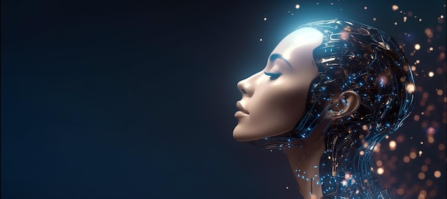 Banner met futuristische robot op donkere achtergrond AI android als vrouw