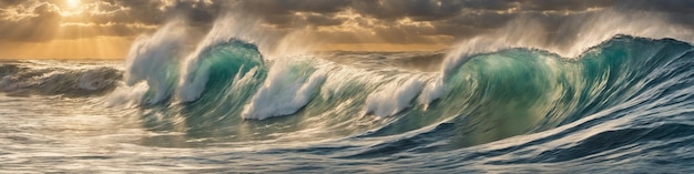 Banner met gigantische oceaansurfgolf bij zonsondergang. Zeegezicht illustratie met avond stormachtige zee, turquoise water met wit schuim en spatten, zon en bewolkte hemel. Generatieve AI